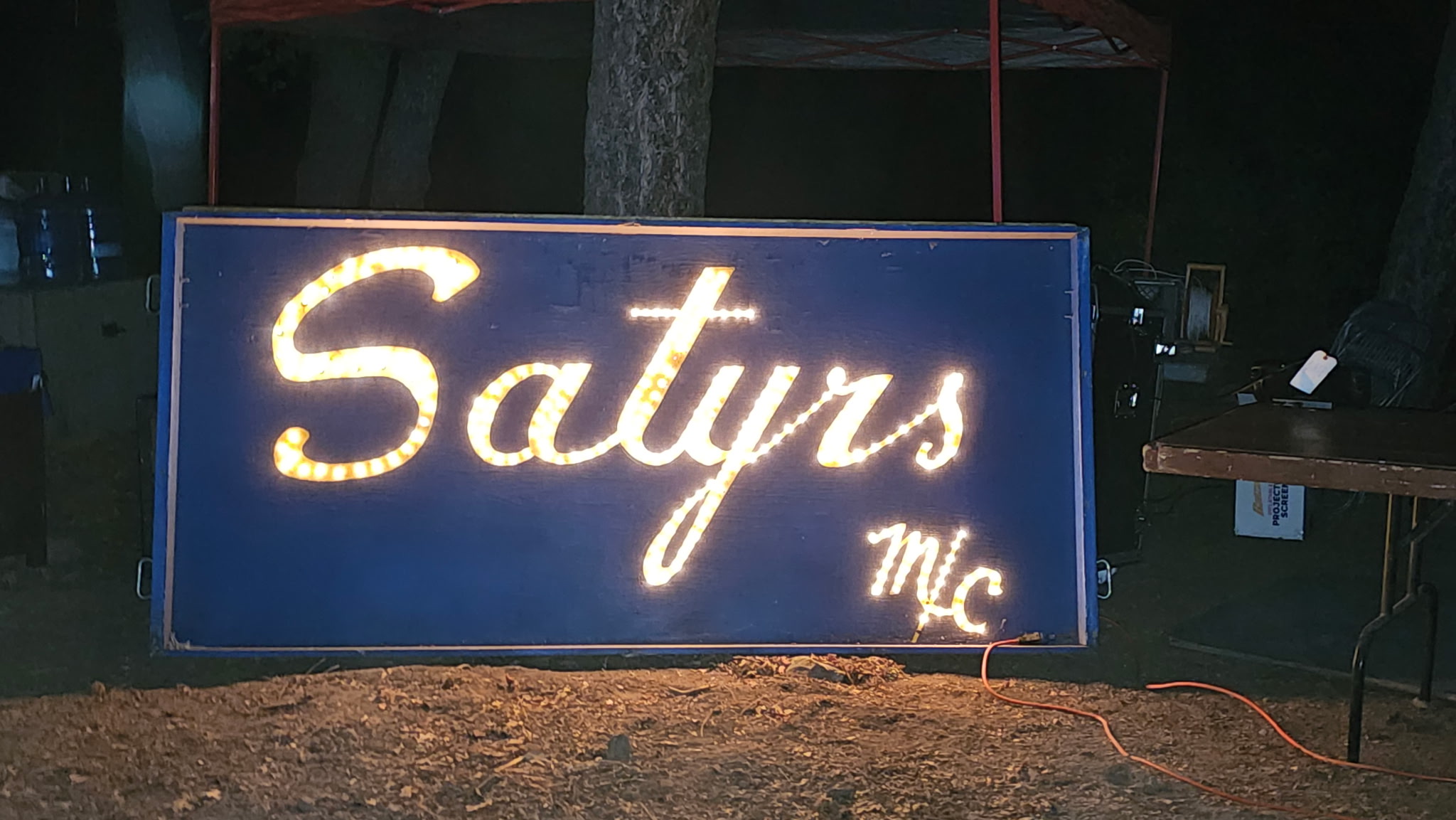 Lit signs at night